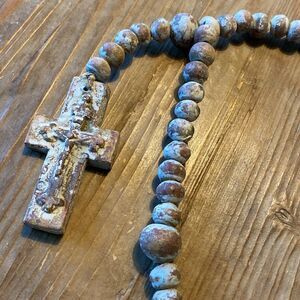 RusticClay Ceramic White Pale Blue Rosary Beads Distressed Decor Garden Necklace
